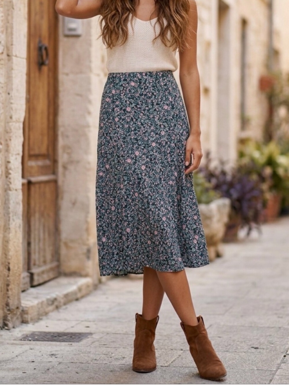 Lauren Conrad Women's Dark Green Maxi Skirt with Pink Floral Print Flowy Size 2X